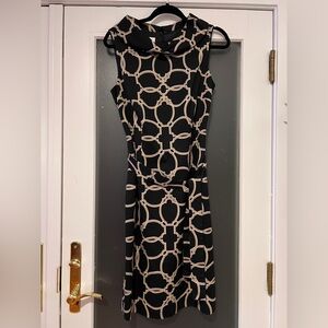TALBOTS NAVY IVORY ART DECO PRINT SILK COTTON ELEGANT SHEATH DRESS